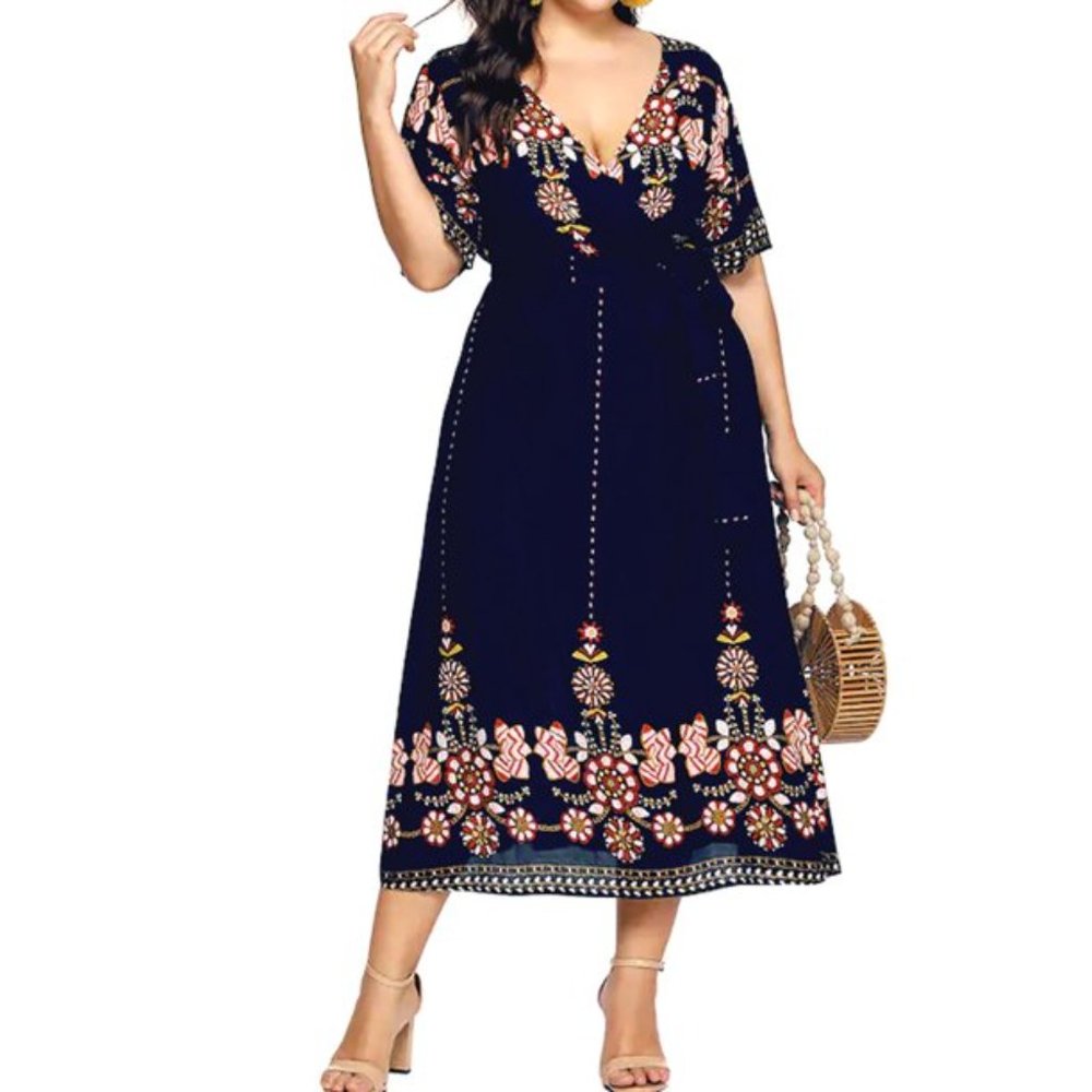 Women's Wrap Midi Dress 2XL Boho Floral Blue Folk
